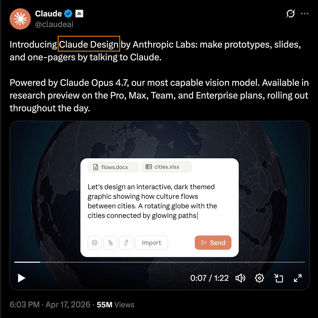 ההכרזה של Anthropic על Claude Design בטוויטר, אפריל 2026, 55 מיליון צפיות