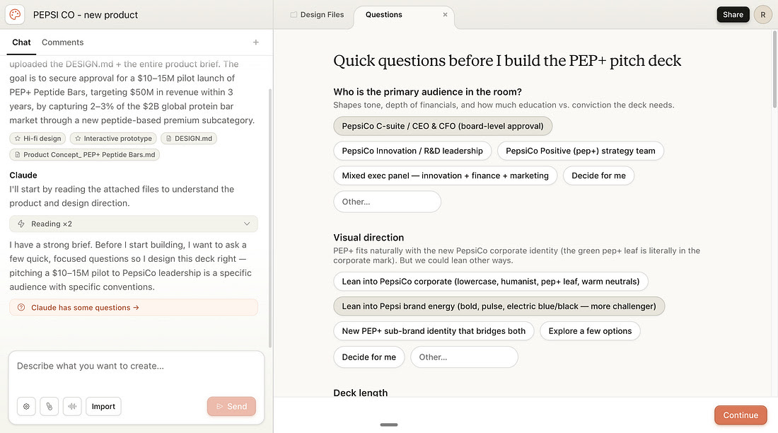 דוגמה לפיץ' דק שנבנה ב-Claude Design עם speaker notes