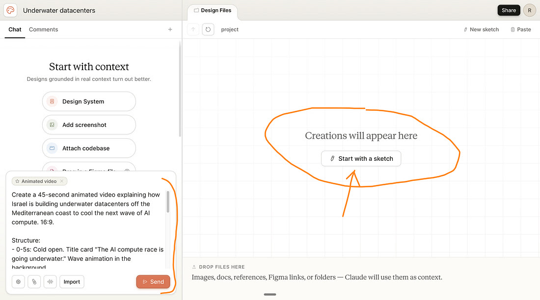 ממשק Claude Design עם הטאבים Prototype, Slide deck, From template